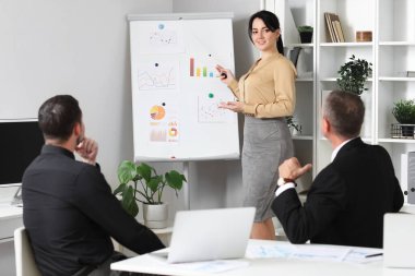 Ofisteki meslektaşlarına sunum yapan kadın iş danışmanı