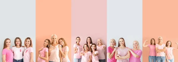 Set Many Women Pink Ribbons Color Background Breast Cancer Awareness — Stock Photo, Image