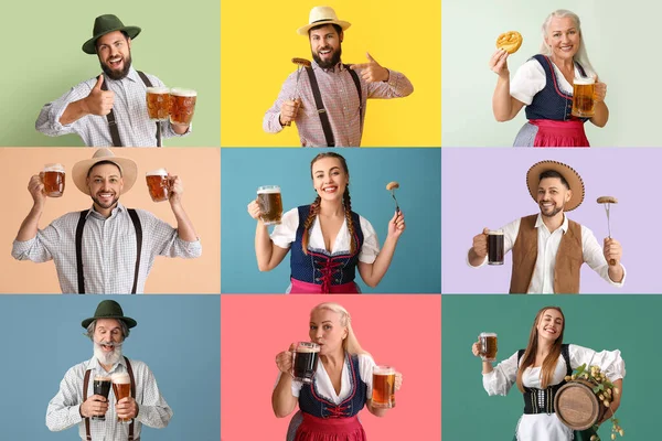 Set Van Verschillende Vrolijke Duitse Mensen Met Lekker Bier Snacks — Stockfoto