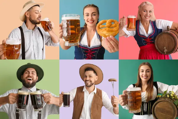 Collage Van Verschillende Vrolijke Duitsers Met Lekker Bier Snacks Kleur — Stockfoto