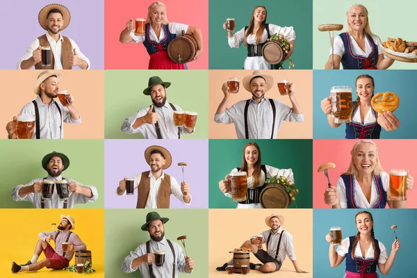 Koláž Různých Šťastných Německých Lidí Chutným Pivem Občerstvení Barevném Pozadí — Stock fotografie