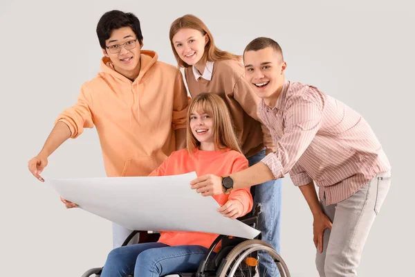 Group Teenagers Girl Wheelchair Paper Sheet Light Background — Stock Photo, Image