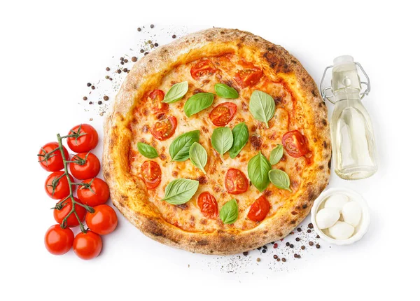 Tasty Pizza Margarita Tomatoes Basil Bowl Mozzarella White Background — Stock Photo, Image