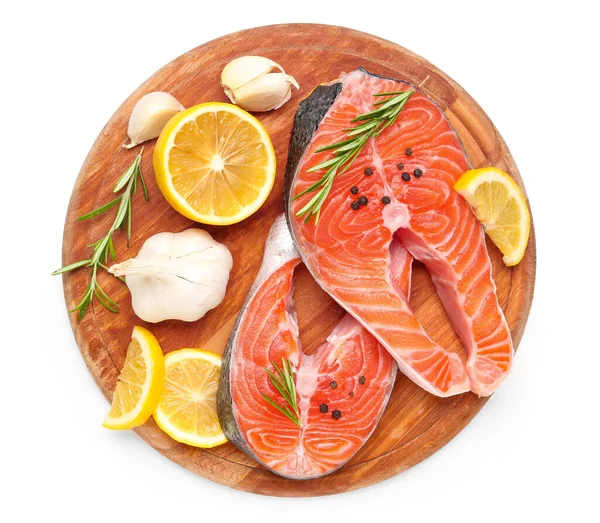 Wooden Board Raw Salmon Steaks Different Spices White Background — Stock Photo, Image