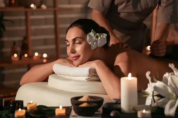 Young Woman Getting Massage Dark Spa Salon Closeup — Stock Photo, Image