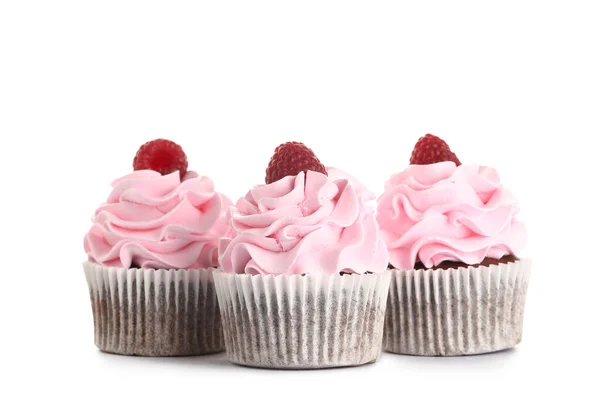 Sabrosos Cupcakes Frambuesa Sobre Fondo Blanco —  Fotos de Stock