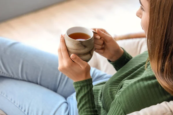 Young Woman Cup Hot Tea Sitting Armchair Home — Stock Photo, Image