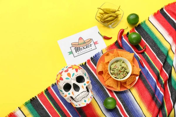 Gratulationskort Med Text Mexico Independence Day Målad Skalle Mexikansk Mat — Stockfoto