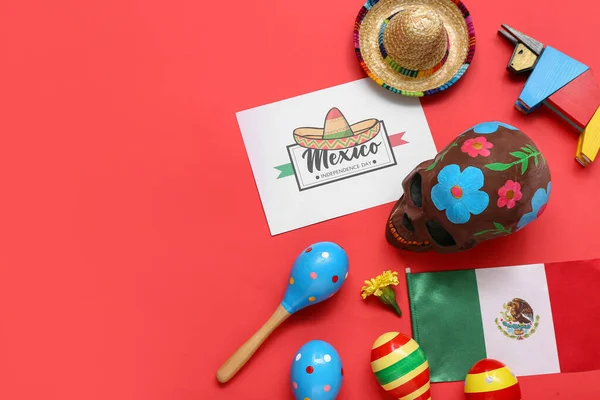 Gratulationskort Med Text Mexico Independence Day Socker Skalle Maracas Flagga — Stockfoto