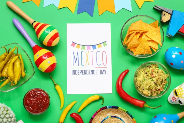 Gratulationskort Med Text Mexico Independence Dag Maracas Och Mexikansk Mat — Stockfoto