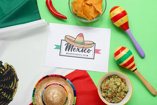 Cartão Com Texto Mexico Independência Dia Maracas Bandeira Mexicana Guacamole — Fotografia de Stock