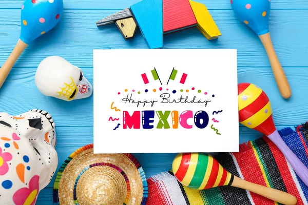 Gratulationskort Med Text Happy Birthday Mexico Och Mexikansk Inredning Blå — Stockfoto