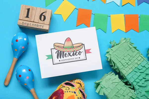 Gratulationskort Med Text Mexico Independence Dag Och Mexikansk Inredning Blå — Stockfoto