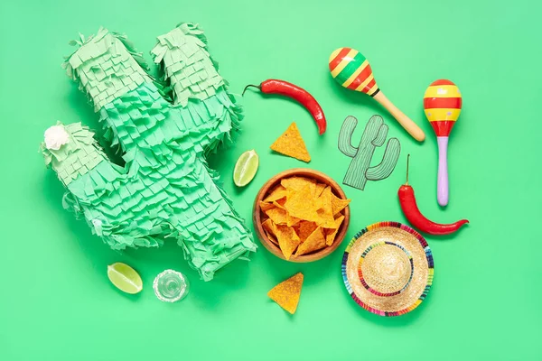 Composition Mexican Symbols Food Independence Day Green Background — Stock Photo, Image
