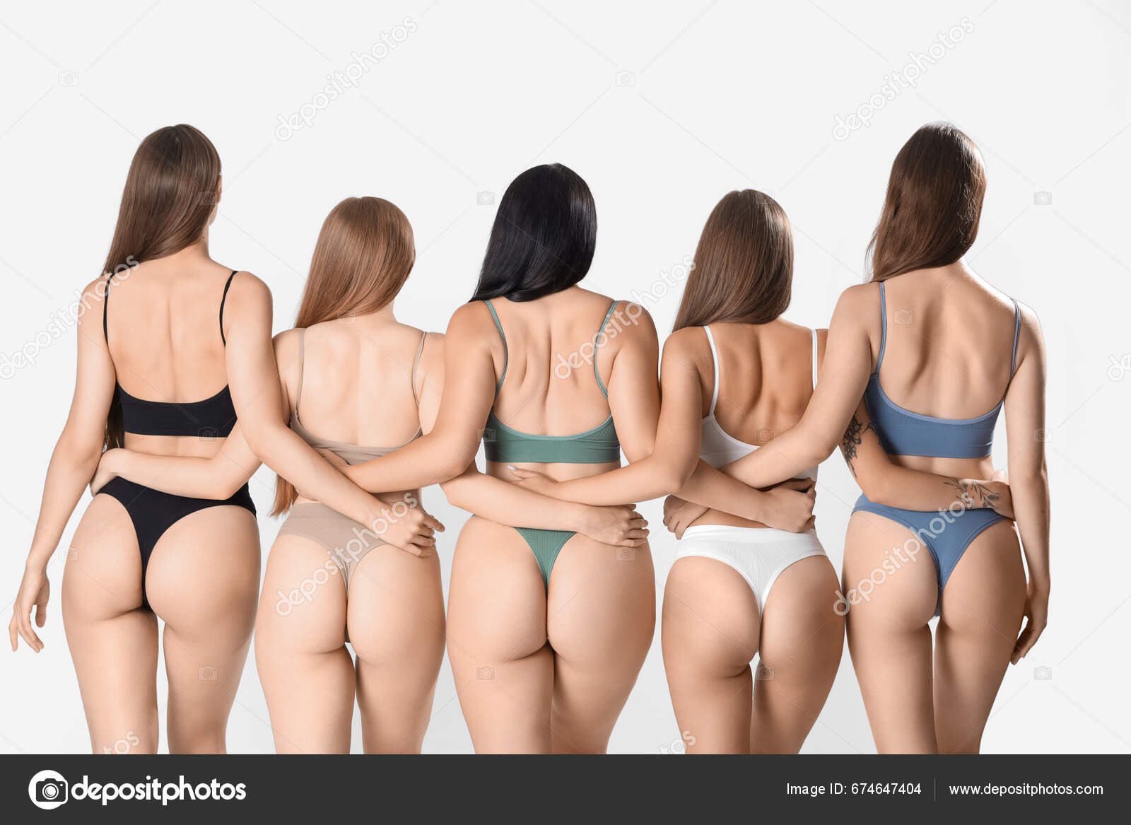 Many Beautiful Women Underwear Light Background Back View Stock