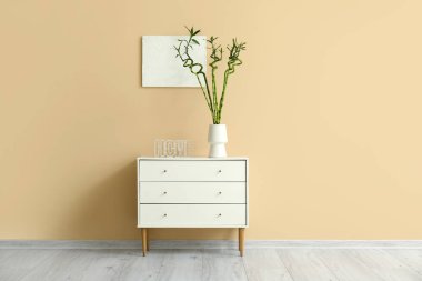 Bambu saplı vazo, renkli duvarın yanındaki çekmece çekmecesinde.