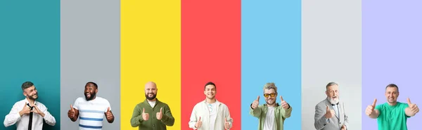 Collage Uomini Felici Che Mostrano Gesto Pollice Sfondo Colori — Foto Stock