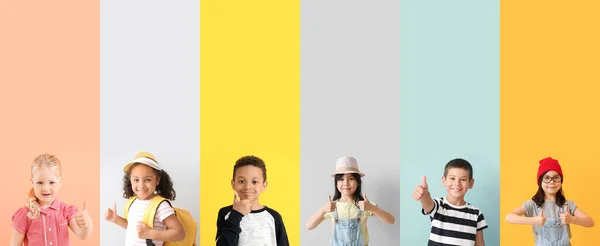 Коллаж Счастливых Маленьких Детей Показывающих Большой Палец Вверх Жест Цветном — стоковое фото
