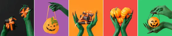 Renkli Arka Planda Ürpertici Cadının Ellerinin Koleksiyonu Cadılar Bayramı — Stok fotoğraf