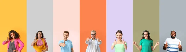 Σύνολο Χαρούμενων Ανθρώπων Που Δείχνουν Χειρονομία Αντίχειρα Στο Φόντο Χρώματος — Φωτογραφία Αρχείου