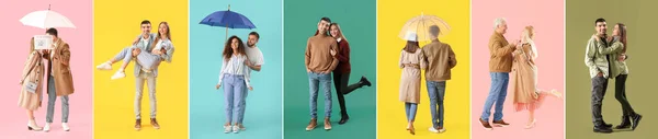Collage Stylish Young Couples Autumn Clothes Color Background — Stock Photo, Image