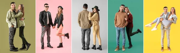 カラーバックに秋の服にスタイリッシュな若いカップルのセット — ストック写真