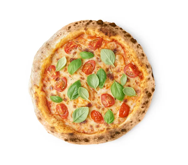 Gustosa Pizza Margarita Con Pomodori Basilico Sfondo Bianco — Foto Stock