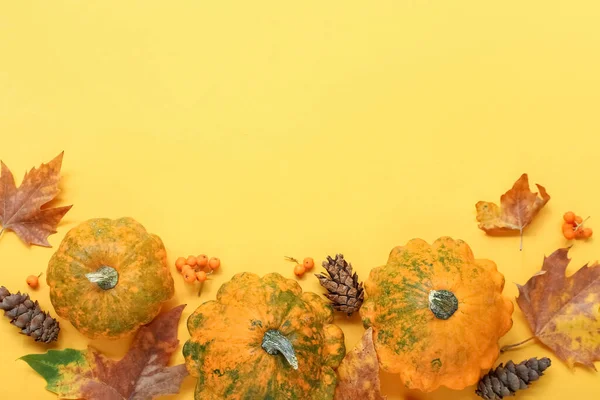 Σύνθεση Φθινοπώρου Κολοκύθες Κώνους Και Φύλλα Πορτοκαλί Φόντο — Φωτογραφία Αρχείου