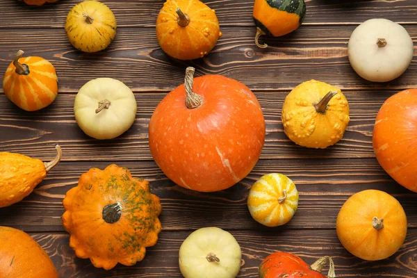 Different Fresh Pumpkins Wooden Background — Stock Photo, Image