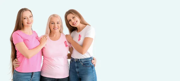 Piękne Kobiety Różowymi Wstążkami Jasnym Tle Miejscem Tekst Świadomość Raka — Zdjęcie stockowe