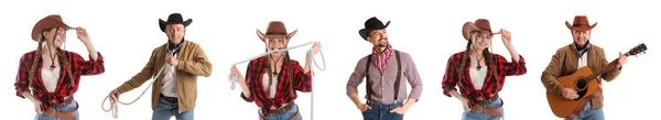 Collage Snygga Cowboys Och Cowgirl Vit Bakgrund — Stockfoto