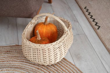 Cadılar Bayramı balkabaklarıyla dolu sepet oturma odasında.