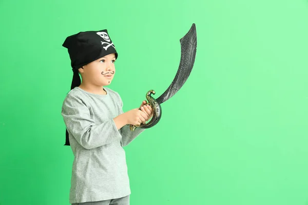 Cute Little Pirate Sword Green Background — Stock Photo, Image