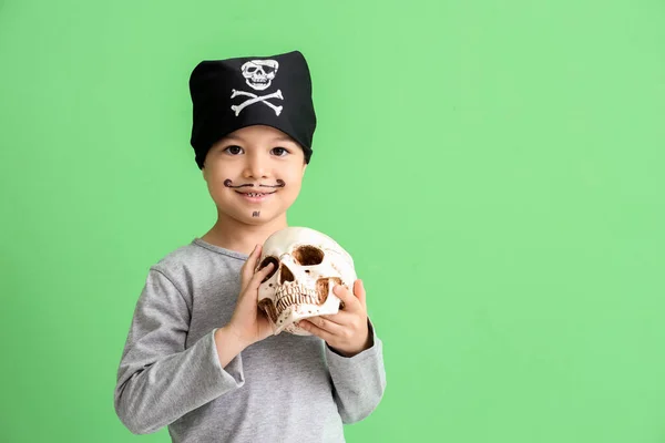 Cute Little Pirate Human Skull Green Background — Stock Photo, Image
