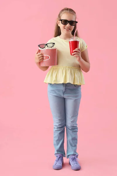 Happy Little Girl Cinema Glasses Popcorn Bucket Cup Cola Pink — Stock Photo, Image