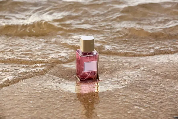 Bottle Luxury Perfume Sand Water Beach — Stock Photo, Image