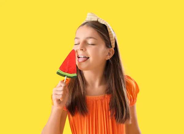 Happy Little Girl Eating Lollipop Shape Watermelon Slice Yellow Background — Stock Photo, Image