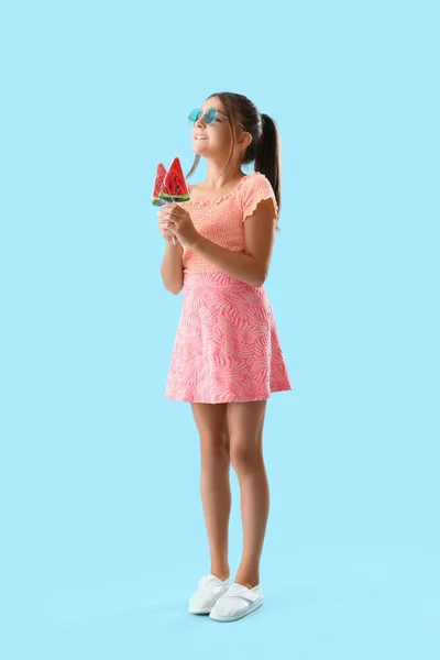 Happy Little Girl Lollipops Shape Watermelon Slices Blue Background — Stock Photo, Image
