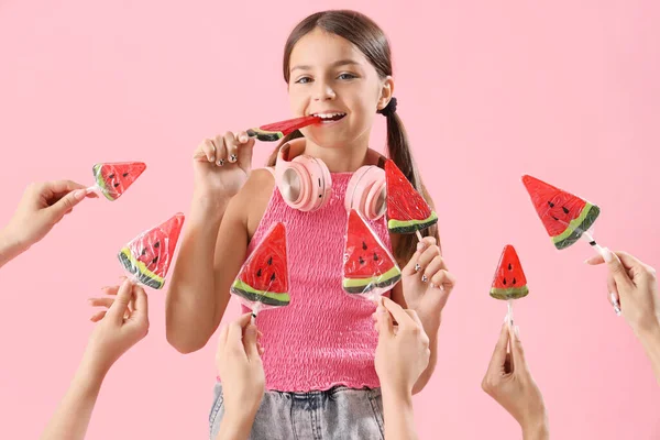 Happy Little Girl Hands Many Lollipops Shape Watermelon Slices Pink — Stock Photo, Image