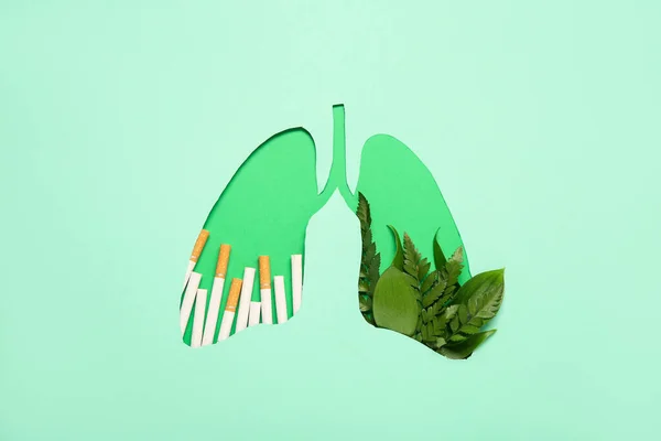 Levéllel Cigarettával Vágjuk Tüdőt Türkiz Alapon Tüdőrák Fogalma — Stock Fotó