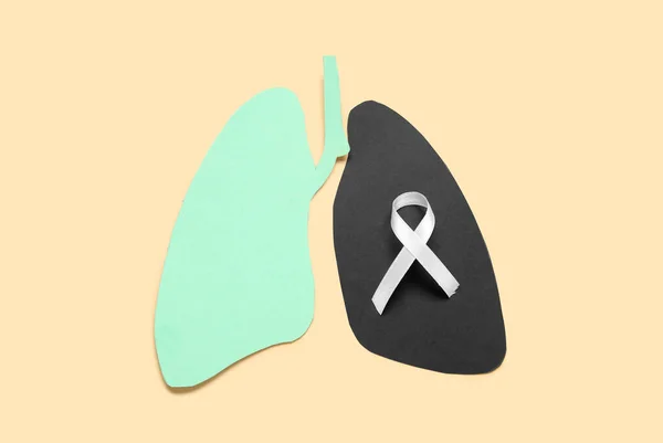 Diseased Paper Lungs White Ribbon Beige Background Lung Cancer Concept — Stock Photo, Image