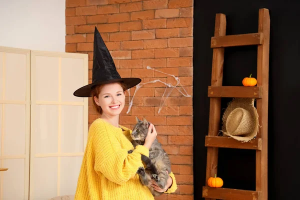 Young Woman Witch Hat Cute Cat Home — Stock Photo, Image
