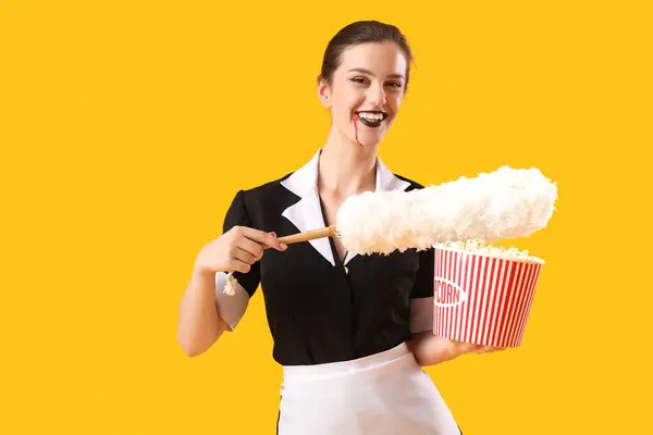 Young Woman Dressed Halloween Maid Duster Popcorn Yellow Background — Stock Photo, Image