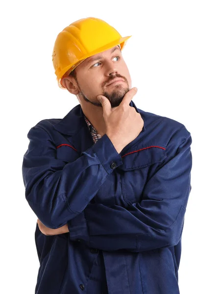 Thoughtful Male Builder White Background Royalty Free Stock Photos