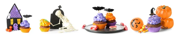 Set Van Lekkere Halloween Cupcakes Witte Achtergrond — Stockfoto