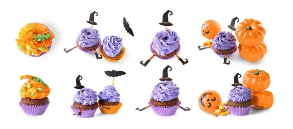 Verzameling Van Smakelijke Halloween Cupcakes Witte Achtergrond — Stockfoto