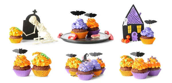 Collage Van Lekkere Halloween Cupcakes Witte Achtergrond — Stockfoto