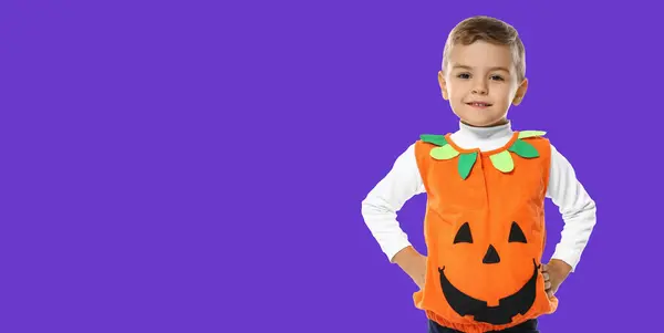 Cute Little Boy Halloween Costume Violet Background Space Text — Stock Photo, Image
