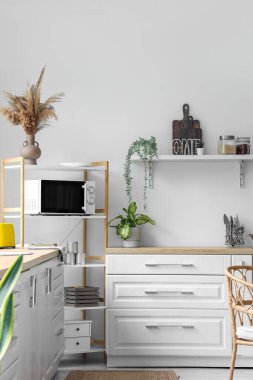 Raflarda beyaz tezgah ve mikrodalga fırın olan modern mutfak.