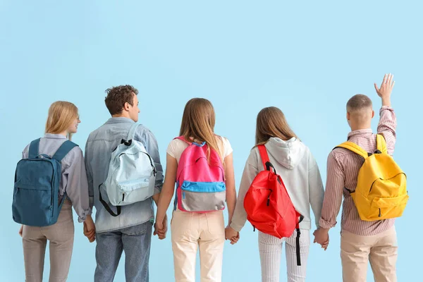 Group Students Backpacks Blue Background — Stock Photo, Image